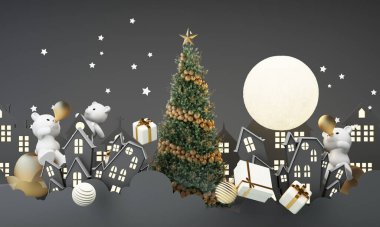 Mutlu yıllar ve mutlu Noeller eski kasaba kışı. Dolunay ve bulutlarla çevrili Noel ağacı ve kutup ayılı altın bir hediye kutusu. Parlak Kış Tatil Kompozisyonu. 3d oluşturma