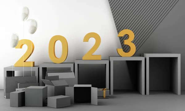 Bokstäver Guldstruktur 2023 Begreppet Nyår Vit Marmor Färgtoner Omgiven Geometriska — Stockfoto