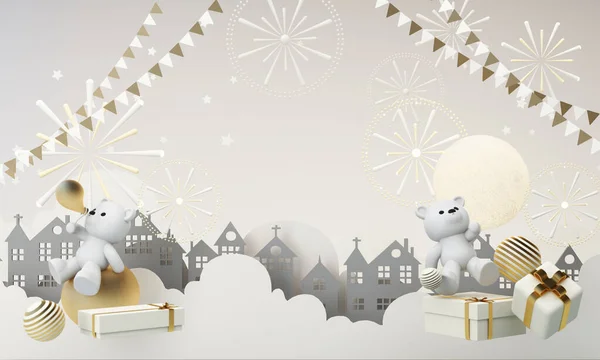 happy new year and merry Christmas winter old town street. Full moon and surrounded by clouds christmas tree and a golden gift box with polar bear. Bright Winter holiday composition. 3d rendering