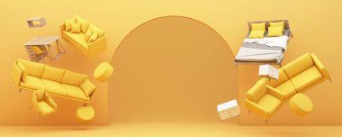 İç dizayn konsepti ev dekorasyonu ve mobilya satışları promosyonlar ve indirimler sırasında, yatak, kanepe, koltuk ve reklam alanları ile çevrilidir. Sarı arka plan. 3d hazırlayıcı