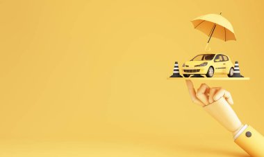 Car protection and safety assurance concept, car insurance web banner design. yellow cars under the umbrella with traffic cone and business hand on yellow background. cartoon realistic 3d rendering