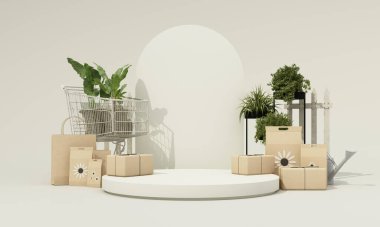 Gardening Tools and Plants pot isolate and shopping bag with  with seed package, cardboard box, garden shop and product stand on green background. realistic 3d render Illustration