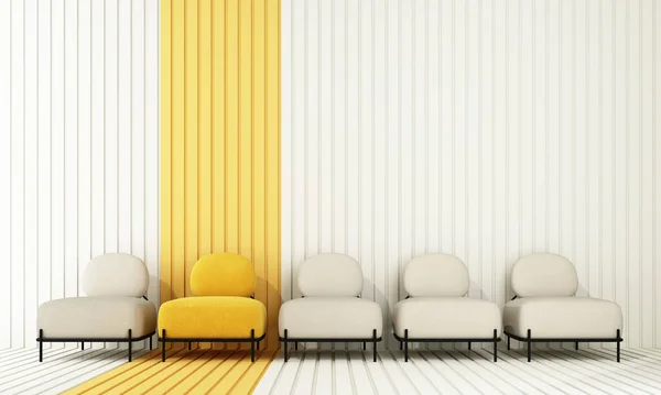 Interior of the room in plain monochrome light yellow color with chair and armchair. Light background with copy space. 3D rendering for web page, presentation or product design