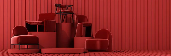 Interior of the room in plain monochrome light red color with chair and armchair. Light background with copy space. 3D rendering for web page, presentation or product design