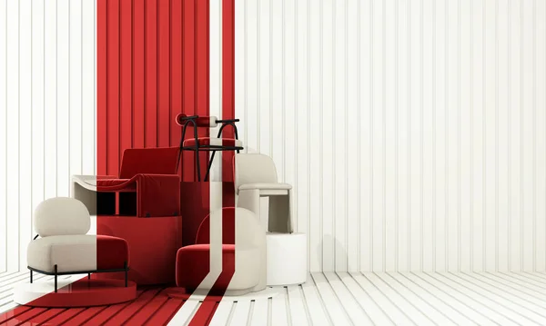 Interior of the room in plain monochrome light red color with chair and armchair. Light background with copy space. 3D rendering for web page, presentation or product design