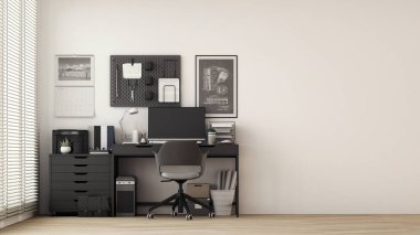 Modern workplace with comfortable modern working table and computer with working chair and large window. on wall white and wooden floor. 3D rendering