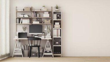 Modern workplace with comfortable modern working table and computer with working chair and large window. on wall white and wooden floor. 3D rendering