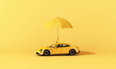Yellow Super car protected by umbrella on yellow background. 3d rendering illustration