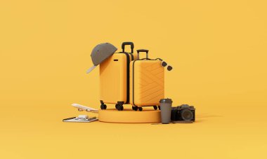 yellow suitcase with travel accessories on yellow background. travel concept with airplane. 3d rendering