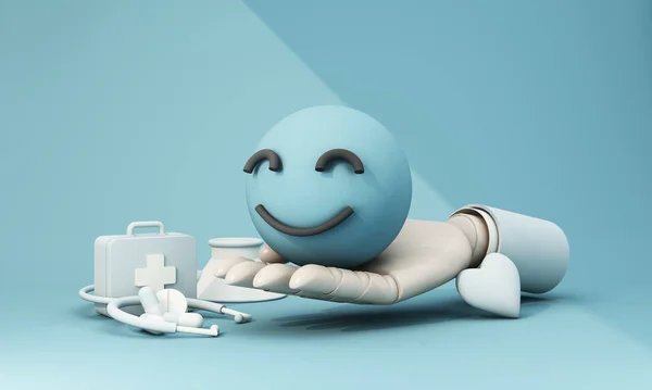 Hand holding paper cut smile face, positive thinking, mental health assessment , world mental health day concept. health care, no illness and insurance. 3d rendering.