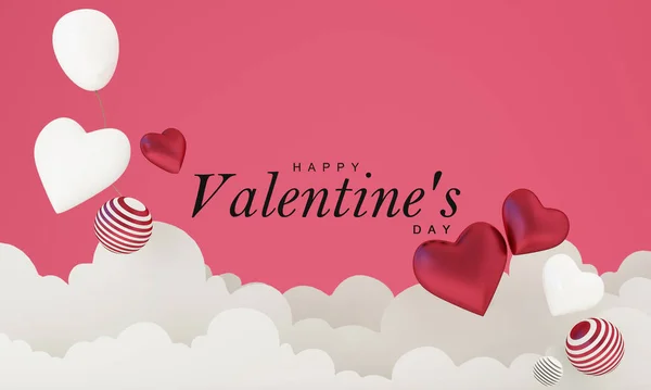 Wallpaper in the concept of the month of love and Valentine\'s Day. Includes heart shapes, balloons and clouds for wedding cards or advertisements. on a pink background. 3d rendering