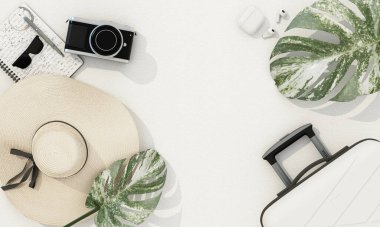 Top view travel concept with retro camera film, sunglasses, hat, sweets and coffee cup. white desk top with copy space Travel essentials vintage tone effect on a white background 3d rendering