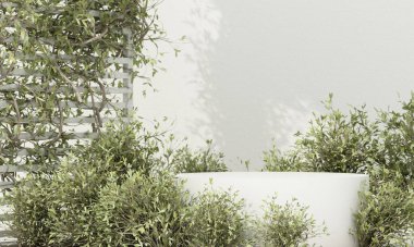 white concrete product display podium with blurred nature leaves background. 3D rendering