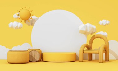 interior design concept Sale of home decorations and furniture During promotions and discounts, it is surrounded by sun and cloud rmchairs and advertising spaces banner. pastel background. 3d render