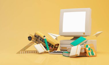 Okula geri dönmek, okul gereçleri ve ekipmanlarıyla e-öğrenme. Kağıt roket aksesuarları ve sarı arka planda ders kitapları olan bilgisayar ekranı. çizgi film biçimi - 3B Hazırlama