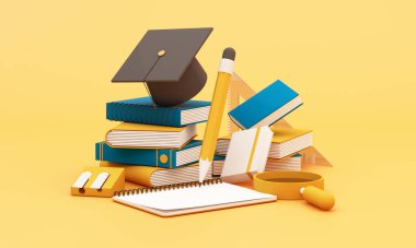 Okul konseptine ve eğitimden elde edilen başarılara geri dönüş. Çevrimiçi eğitim konsepti için asgari özgeçmiş. Renkli pastel arka plan üzerine mezuniyet şapkası olan bir kitap. 3d resimleme. 
