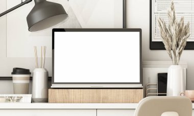 İş yeri. Masaüstü, klavye, fare ve dizüstü bilgisayarlı bitki ve ofis ekipmanlarıyla boş ekranı izole etti. 3d oluşturma