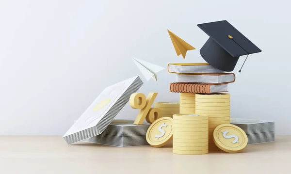 Graduierungskosten Oder Teure Ausbildung Oder Stipendiendarlehen Geld Mit Bücherstapel Und — Stockfoto