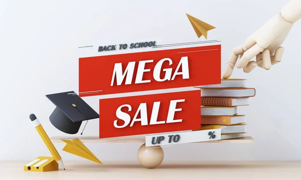 Back School Sale Banner Money Stack Books Cap Hat Sale — Stock Photo, Image