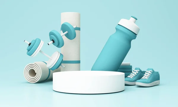 illustration smart watch. sport fitness equipment, podium product stand, yoga mat, bottle of water, dumbbells, weights, with Fitness shoes and isolate on pastel background. 3d rendering Be Healthy.