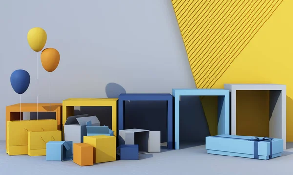 3Dレンダリング現実的なプリミティブ構成 背景に動く幾何学的形状です 流行のデザインのための抽象的なテーマ トーラス チューブ 黄色の青と灰色のトーン — ストック写真