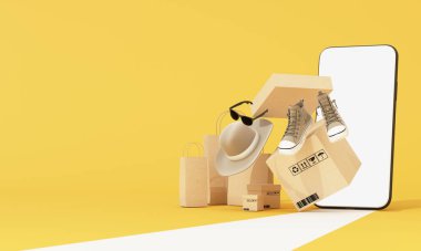 Alışveriş poşetleri, kutular, akıllı telefonlar, spor ayakkabıları, şapkalar ve pastel sarısı arka plandaki erkekler için güneş gözlüğü ile çevrili ürün sunumu için tezgahta online alışveriş kavramı. 3d oluşturma