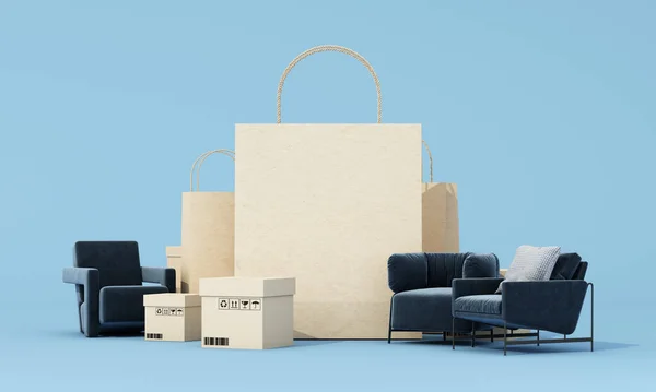 online shopping concept furniture surrounded by sofas, armchairs and fabric chairs, promotion sales for furniture, with shopping bag and shipping box on pastel background. 3d rendering