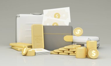 Altın biriktirme ve altın külçelerine veya kripto para birimlerine yatırım yapma kavramı. Enflasyonu, zenginliği ve finansal planlamayı önlemek için. Etrafı altın külçeleri ve para cüzdanlı iş çantalarıyla çevrili. 3d oluşturma
