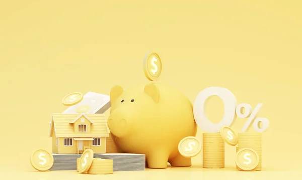 Money Piggy bank creative business concept. Realistic 3d render. Pastel pig keeps gold coins and currency. Safe finance investment. Financial services. money for real estate investments and loans