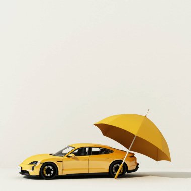 Araba koruması ve güvenlik sigortası konsepti, araba sigortası web afişi tasarımı. Sarı şemsiyenin altındaki küçük sarı otomobil hatchback beyaz arka planda izole edilmiş. Çizgi film tarzı. 3d oluşturma