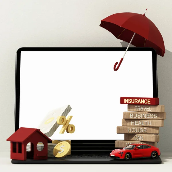 Model of house and a car  with money and screen gadget in the concept of real estate insurance and family financial future planning On a white background, cartoon style. 3D rendering.