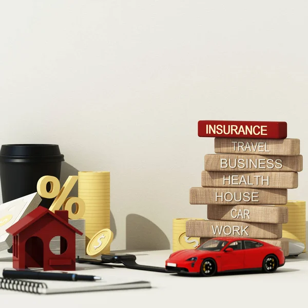 房子和汽车的模型 有金钱和筛选的概念 房地产保险和家庭金融的未来规划在一个白色的背景 卡通风格 3D渲染 — 图库照片