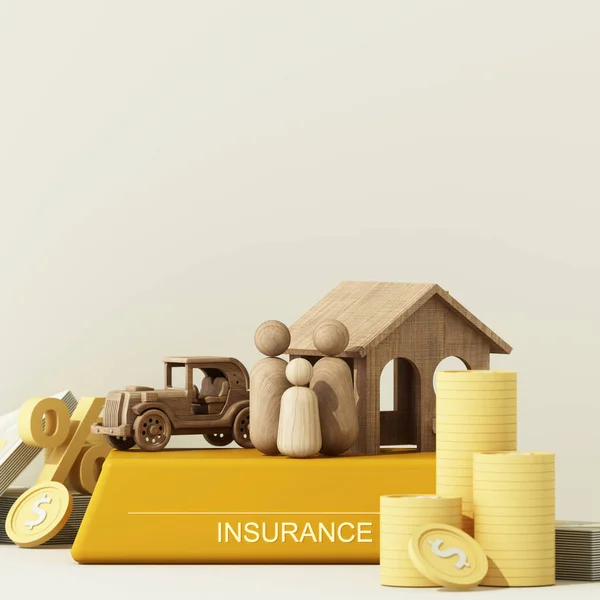 一个木制房子的模型和一个木制讲台上的汽车的概念房地产保险和家庭财政未来规划白色背景 卡通风格 3D渲染 — 图库照片
