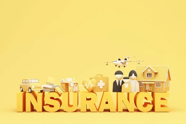 Home insurance concept, cartoon home, car, life, family and medical care. 3D rendering under an umbrella insurance details on the advertising space safety protection. 3d render on yellow background.