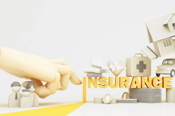 ホーム保険の概念は 漫画の家 家族や医療 広告スペースの安全保護に関する傘保険の詳細の下で3Dレンダリング 黄色の背景に3Dレンダリング — ストック写真