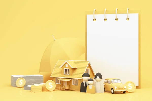 Home insurance concept, cartoon home, car, life, family and medical care. 3D rendering under an umbrella insurance details on the paper screen safety protection. 3d render on yellow background.