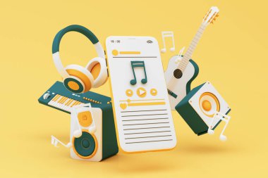 Kulaklıklar ve müzik aletleriyle çevrili sarı zemin üzerinde notalar yüzen akıllı telefonlar. Eğlenceli şarkı ya da müzik festivali konsepti. 3d canlandırma çizim çizim biçimi