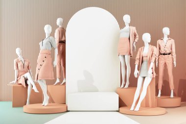 Moda resmi kıyafetlerini soyut konseptte sergileyen manken mankeni heykeli. Çok renkli pastel arkaplanda izole et. Geometrik ürün standında promosyon indirimi satışı. 3d oluşturma