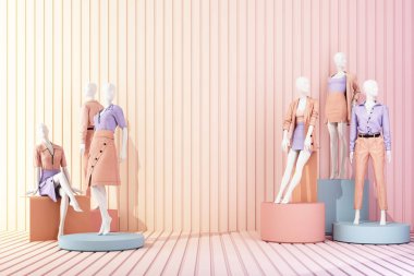 Moda resmi kıyafetlerini soyut konseptte sergileyen manken mankeni heykeli. Çok renkli pastel arkaplanda izole et. Geometrik ürün standında promosyon indirimi satışı. 3d oluşturma