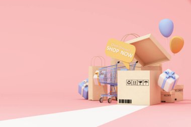 Alışveriş satış promosyonu afişi. Alışveriş arabası, balon ve alışveriş çantalı hediye kutusu. Büyük indirim kavramı, kara cuma ve pastel arka planda yıldönümü için uygun. 3d oluşturma