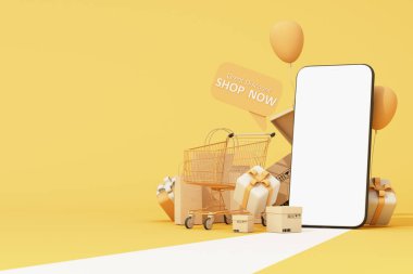 Alışveriş satış promosyonu afişi. Alışveriş arabası, balon ve alışveriş çantalı hediye kutusu. Kara Cuma için büyük indirim kavramı. Sarı arka planda internet üzerinden alışveriş yapmak. 3d oluşturma