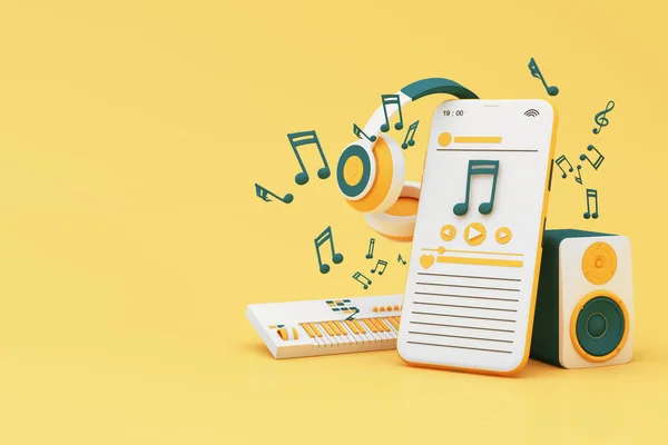 耳机和带有音乐的智能手机漂浮在黄色背景上 周围都是带着乐器的演讲者 有趣的歌曲或音乐节的概念 3D渲染说明卡通风格 — 图库照片