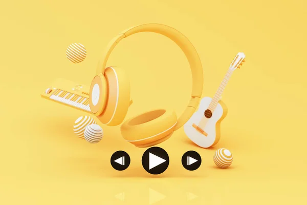 耳机和带有音乐的智能手机漂浮在黄色背景上 周围都是带着乐器的演讲者 有趣的歌曲或音乐节的概念 3D渲染说明卡通风格 — 图库照片