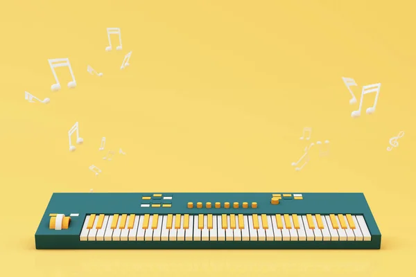 スピーカーに囲まれた楽器で黄色の背景に浮かぶ音楽ノート付きのヘッドフォンやスマートフォン 楽しい歌や音楽祭という概念です 3Dレンダリングイラスト漫画スタイル — ストック写真