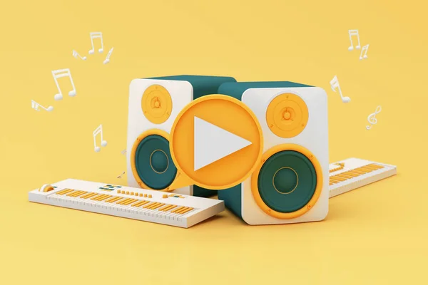 スピーカーに囲まれた楽器で黄色の背景に浮かぶ音楽ノート付きのヘッドフォンやスマートフォン 楽しい歌や音楽祭という概念です 3Dレンダリングイラスト漫画スタイル — ストック写真