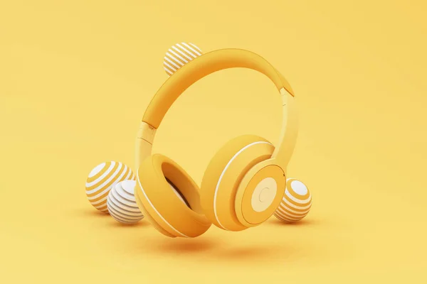 Słuchawki Smartfon Nutami Pływającymi Żółtym Tle Otoczony Przez Głośnik Instrumentami — Zdjęcie stockowe