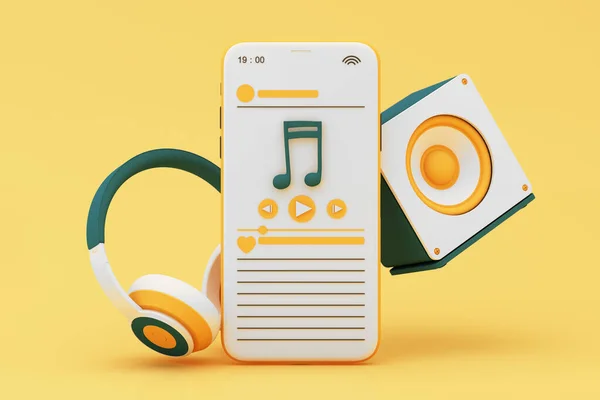 Fones Ouvido Smartphone Com Notas Música Flutuando Fundo Amarelo Cercado — Fotografia de Stock