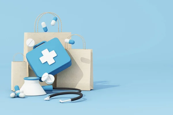 Koncepce Lékárničky Dispozici Modrá Krabička Pilulkami Obklopená Tabletami Tobolkami Spolu — Stock fotografie