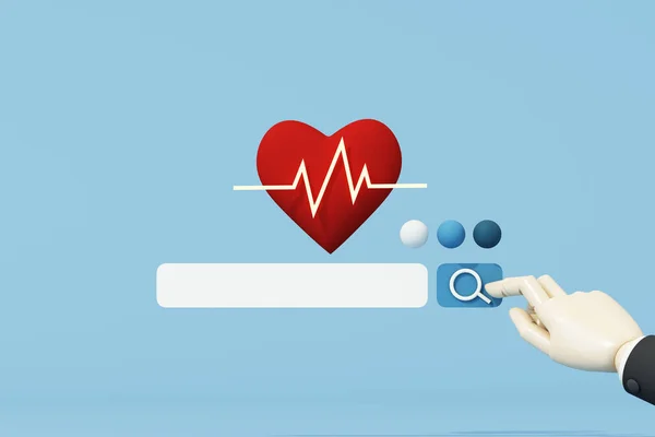 健康と医療に関連するウェブページの検索バーこれは 青の背景に検索ボタンを押すハート型と漫画の手を備えています 3Dレンダリング図 — ストック写真