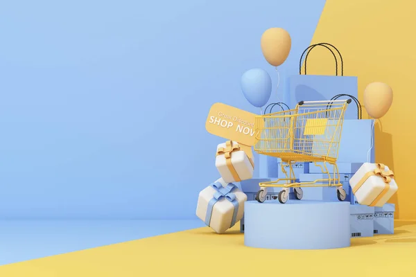 Shopping Försäljning Marknadsföring Banner Kundvagn Ballong Och Presentförpackning Med Shoppingväska — Stockfoto